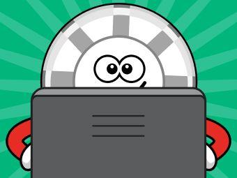 White poker chip mascot typing on computer