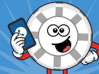 White poker chip mascot holding phone and smiling