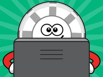 White poker chip mascot typing on computer